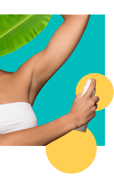 Woman spraying deodorant from white, clean aerosol can over blue background with yellow circles and banana leaf